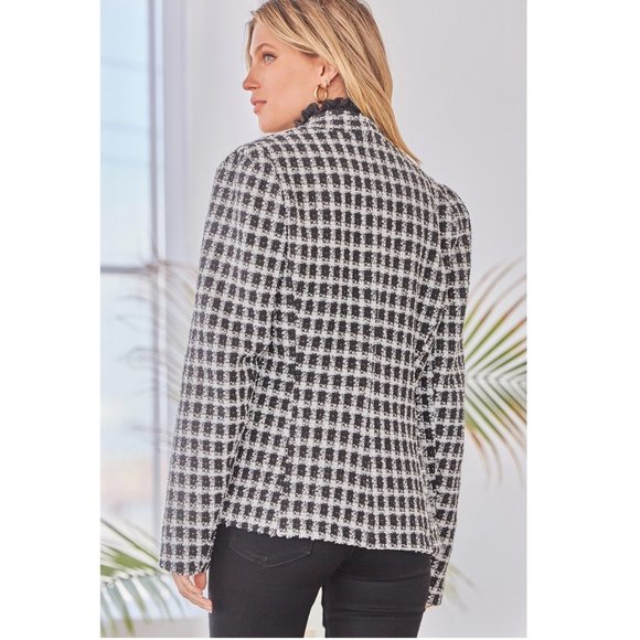 Classic Tweed Blazer Black & White Plaid Open Front Collarless Long Sleeves - Picture 3 of 5
